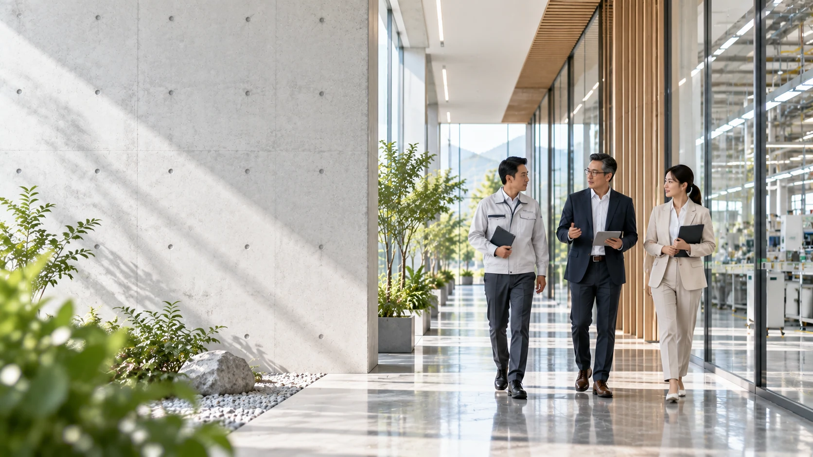 顧問與工廠團隊討論產品合規的情境示意